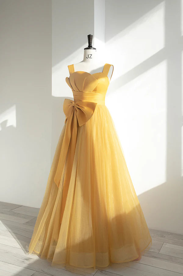 Yellow Tulle Long A-Line Prom Dress Cute Evening Dress with Bow