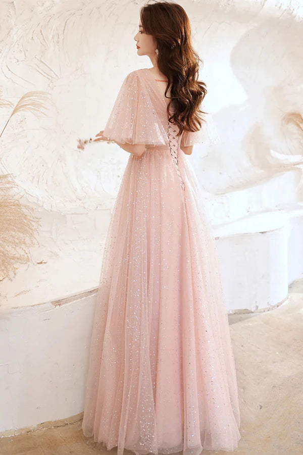Pink V-Neck Tulle Long Prom Dress A-Line Evening Graduation Dress