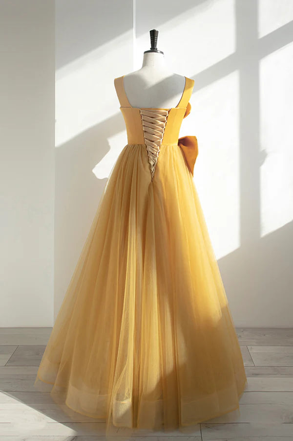 Yellow Tulle Long A-Line Prom Dress Cute Evening Dress with Bow