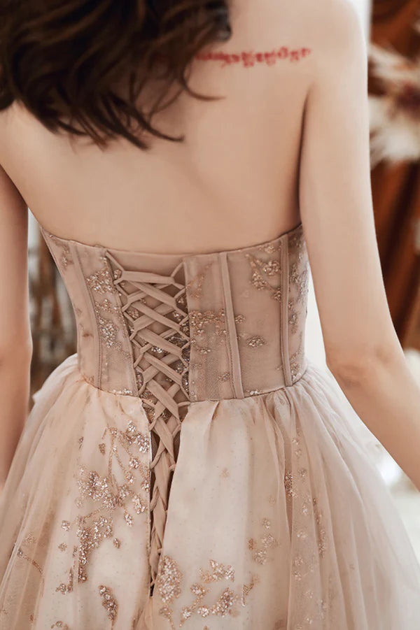 Cute Strapless Tulle Sequins Long Prom Dress A-Line Graduation Dress