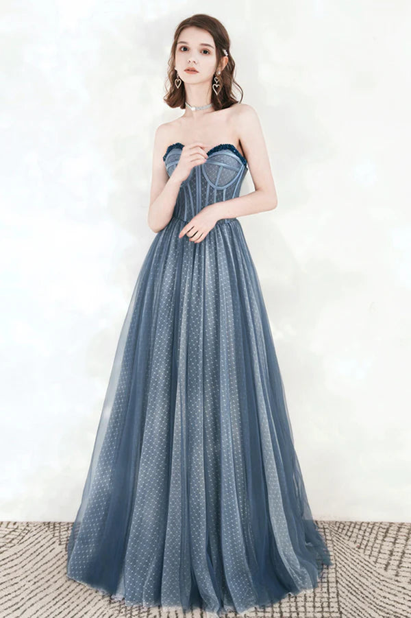 Blue Sweetheart Neckline Tulle Long Prom Dress A-Line Strapless Evening Dress