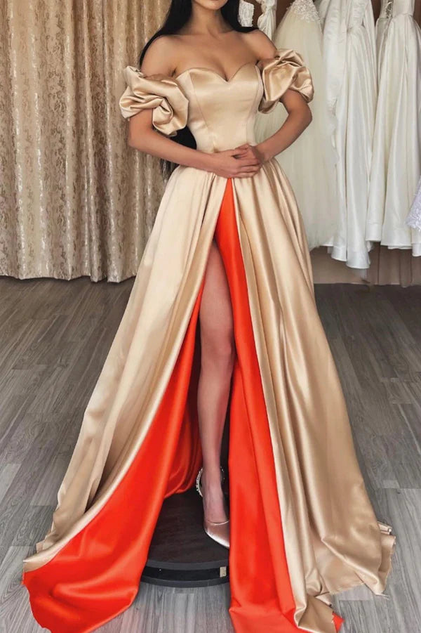 Stylish Satin Long A-Line Prom Dress Sweetheart Neckline Evening Dress with Slit