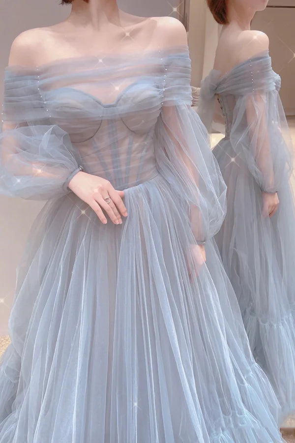Blue Tulle Long A-Line Prom Dress Blue Off the Shoulder Evening Party Dress