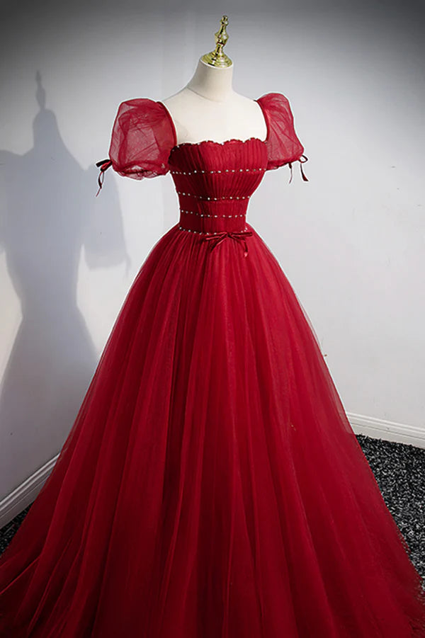 Red Tulle Floor Length Evening Party Dress Red Short Sleeve Graduation Dress