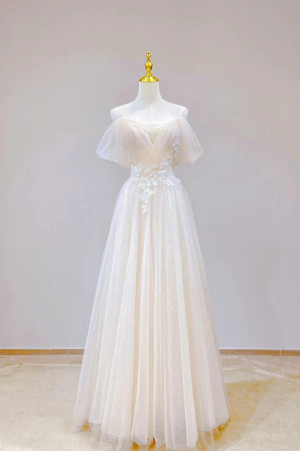 Champagne Tulle Long Prom Dress with Lace Off the Shoulder Evening Dress