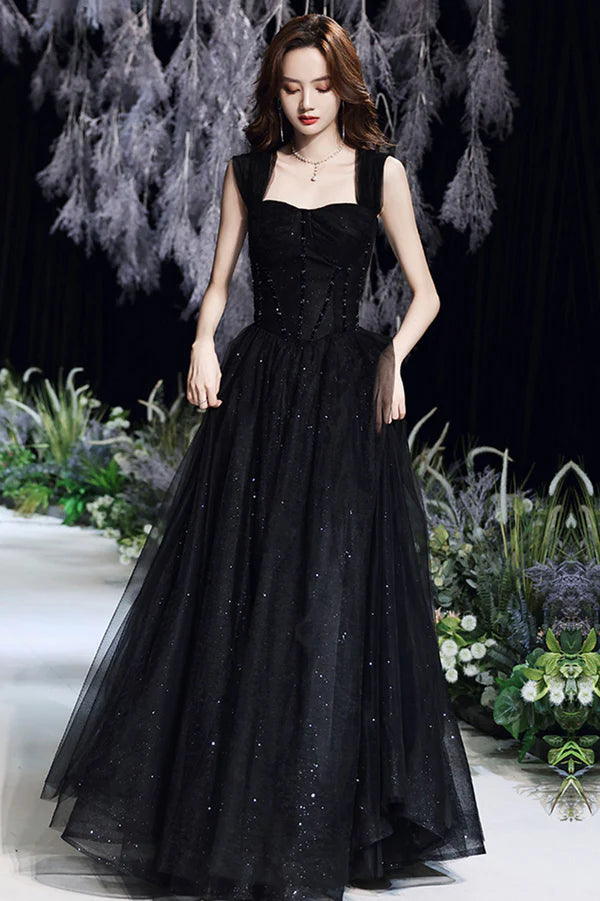 Black Tulle Sequins Long Prom Dress A-Line Evening Party Dress