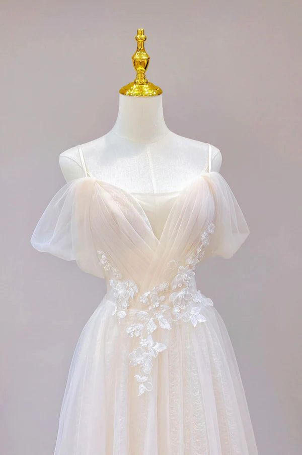 Champagne Tulle Long Prom Dress with Lace Off the Shoulder Evening Dress