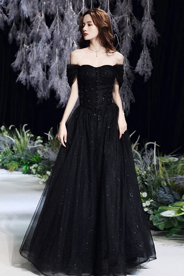 Black Tulle Sequins Long Prom Dress A-Line Evening Party Dress