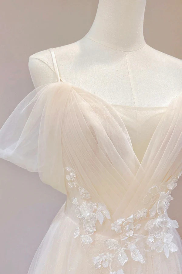 Champagne Tulle Long Prom Dress with Lace Off the Shoulder Evening Dress