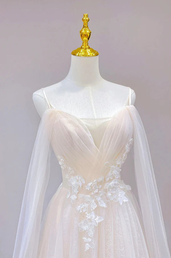 Champagne Tulle Long Prom Dress with Lace Off the Shoulder Evening Dress