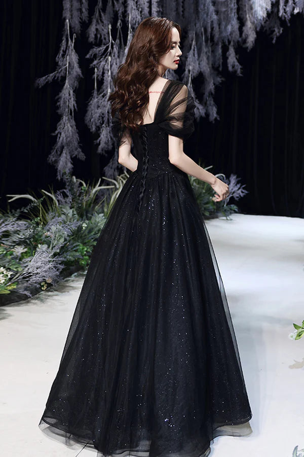 Black Tulle Sequins Long Prom Dress A-Line Evening Party Dress