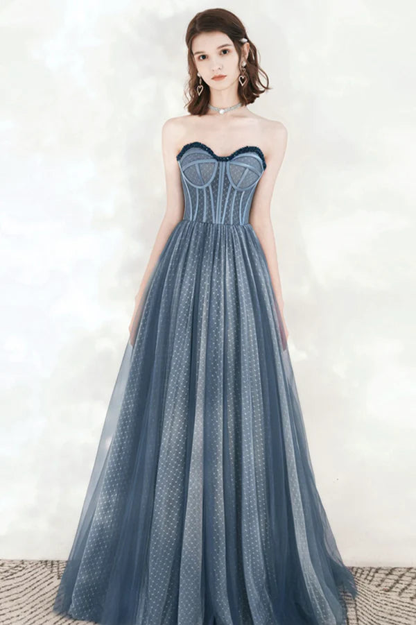 Blue Sweetheart Neckline Tulle Long Prom Dress A-Line Strapless Evening Dress