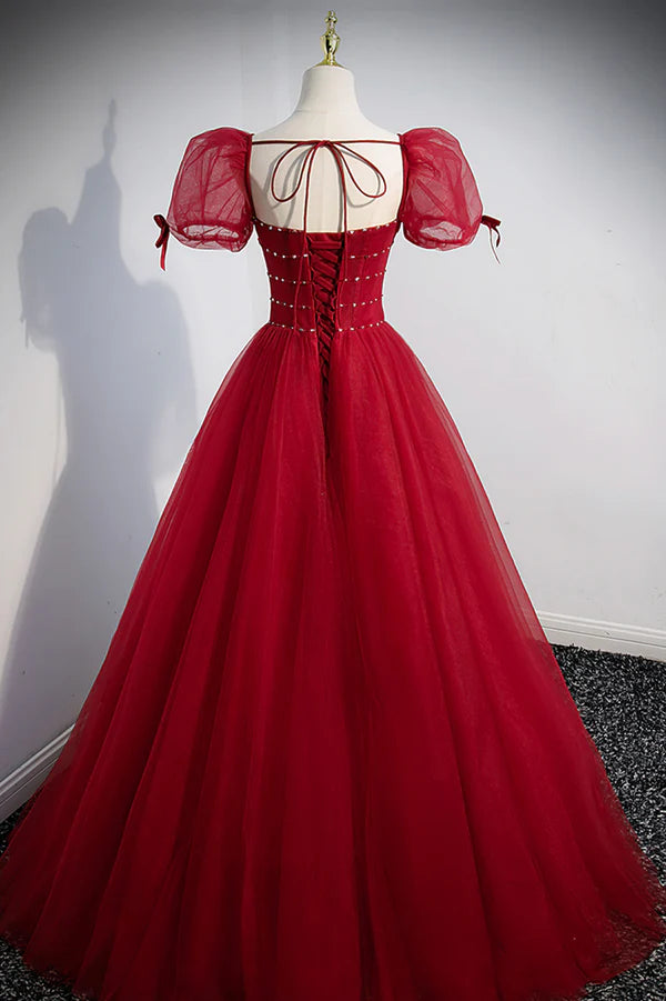 Red Tulle Floor Length Evening Party Dress Red Short Sleeve Graduation Dress