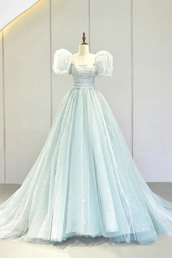 Blue Tulle Long A-Line Prom Dress with Sequins Lovely Puff Sleeve Evening Gown