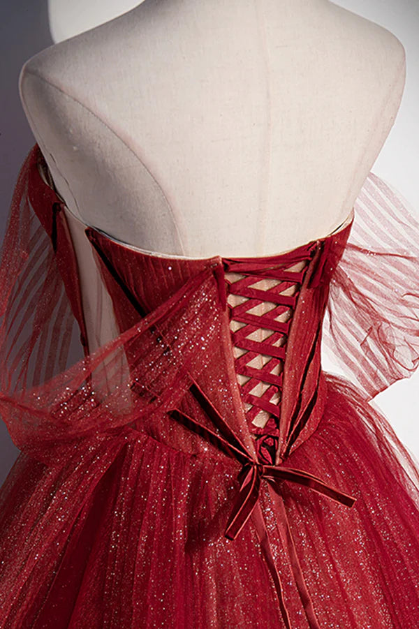 Burgundy Tulle Strapless Floor Length Prom Dress A-Line Evening Graduation Dress