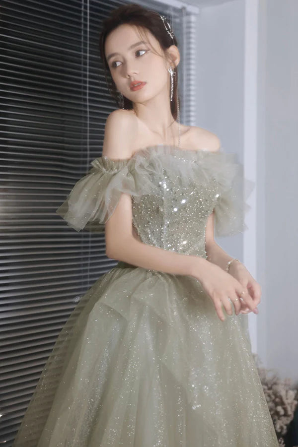 Green Shiny Tulle Long Prom Dress with Sequins Green Evening Graduation Dress