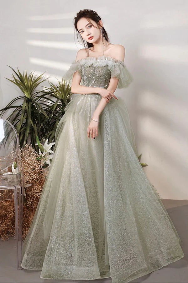 Green Shiny Tulle Long Prom Dress with Sequins Green Evening Graduation Dress