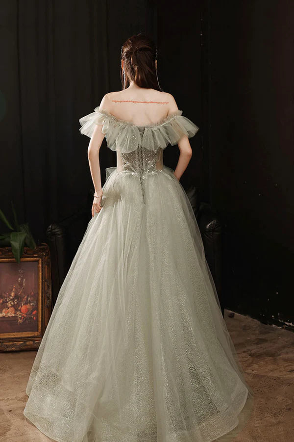 Green Shiny Tulle Long Prom Dress with Sequins Green Evening Graduation Dress