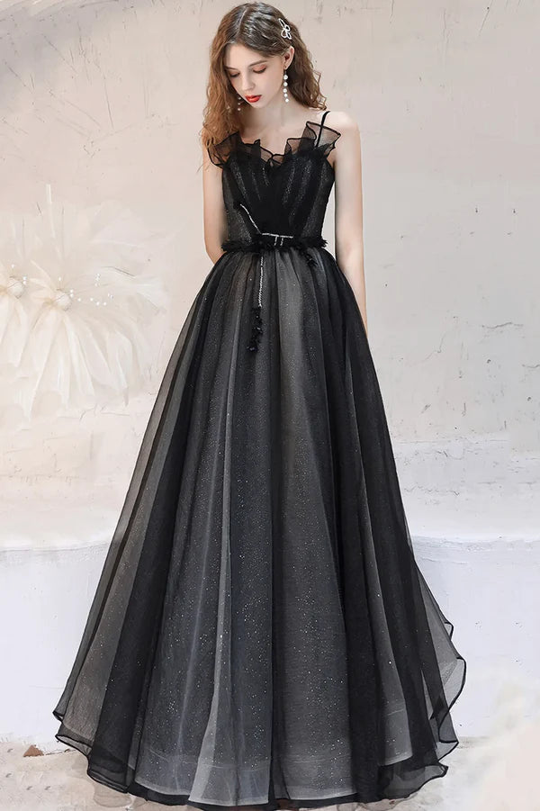 Black Tulle Long A-Line Prom Dress A-Line Spaghetti Strap Evening Party Dress