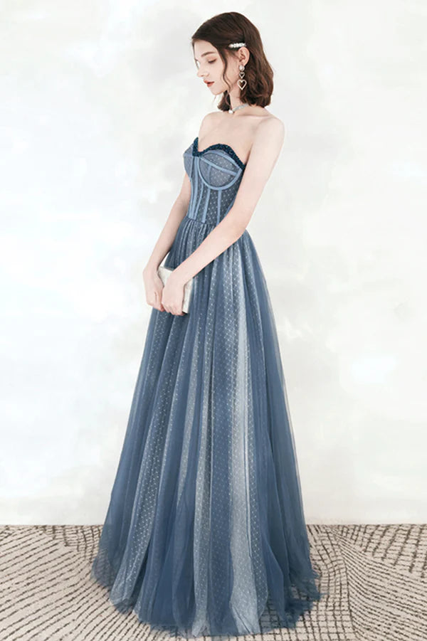 Blue Sweetheart Neckline Tulle Long Prom Dress A-Line Strapless Evening Dress