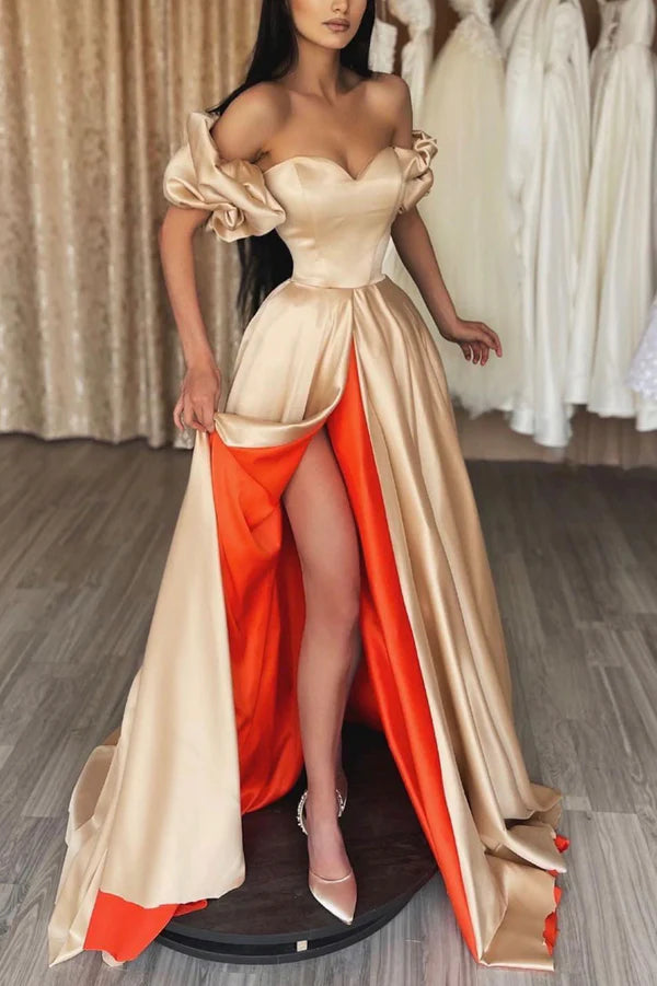 Stylish Satin Long A-Line Prom Dress Sweetheart Neckline Evening Dress with Slit