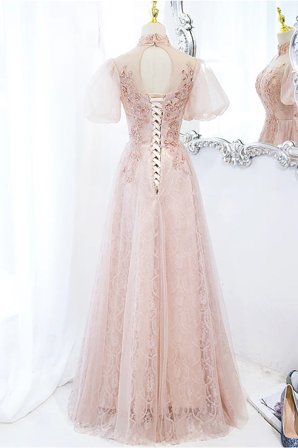 Pink Tulle Long A-Line Prom Dress Pink Short Sleeve Evening Party Dress