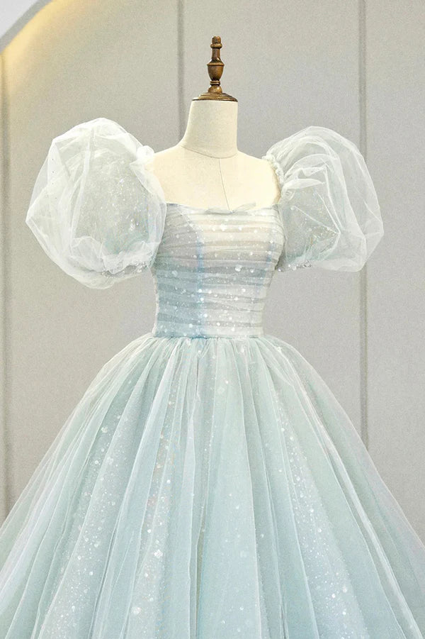 Blue Tulle Long A-Line Prom Dress with Sequins Lovely Puff Sleeve Evening Gown