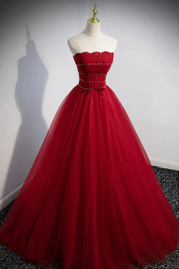 Red Tulle Floor Length Evening Party Dress Red Short Sleeve Graduation Dress