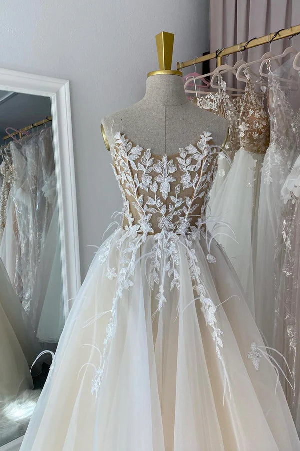 Champagne Lace Long A-Line Prom Dress Beautiful Strapless Evening Dress