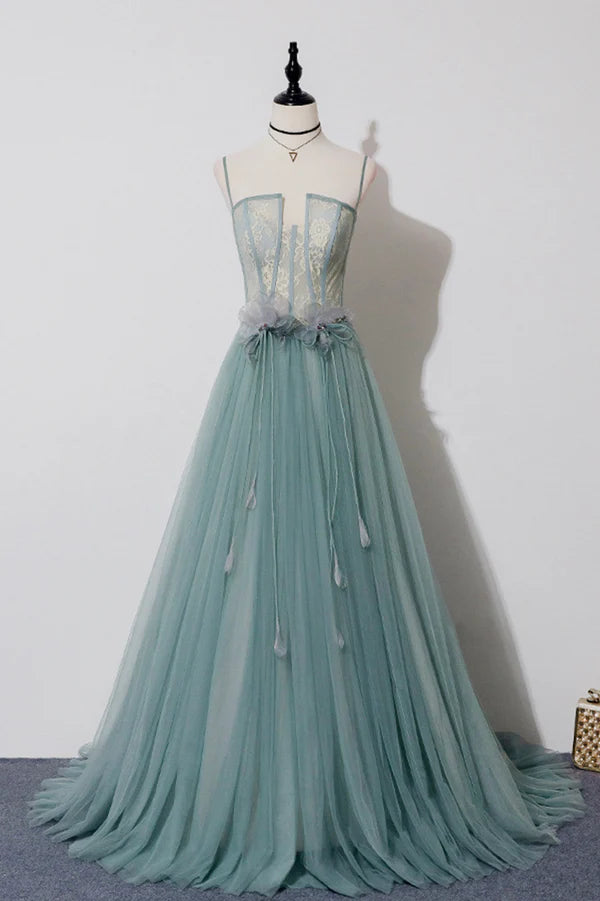 Green Tulle Lace Long A-Line Prom Dress Spaghetti Strap Evening Dress