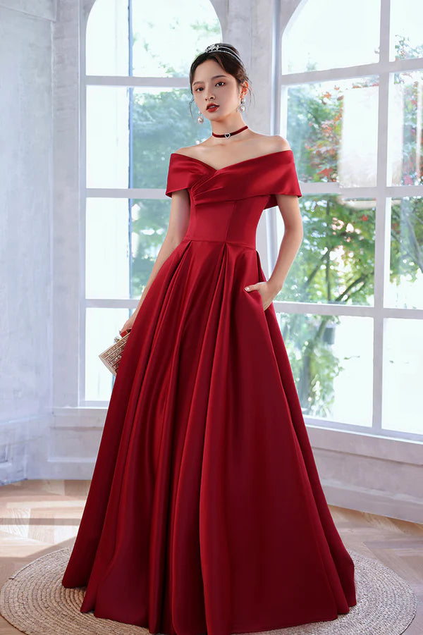 Burgundy Satin Long A-Line Prom Dress Simple V-Neck Evening Dress