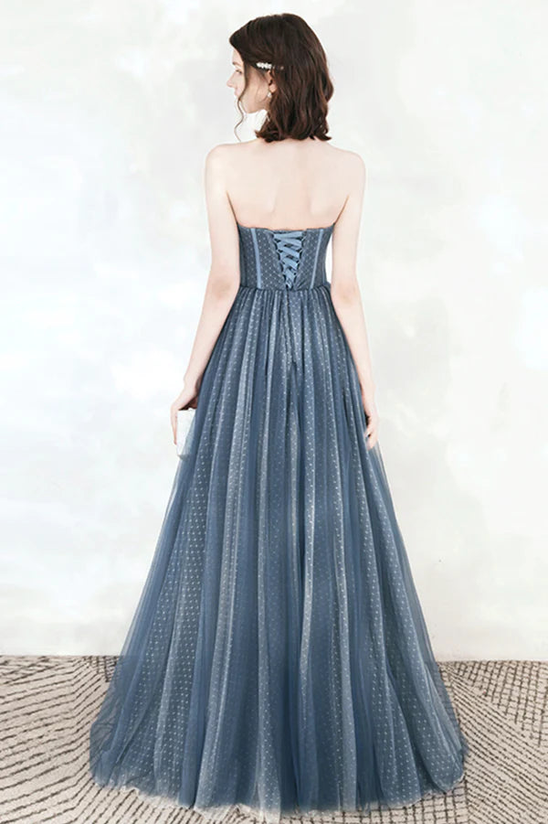 Blue Sweetheart Neckline Tulle Long Prom Dress A-Line Strapless Evening Dress