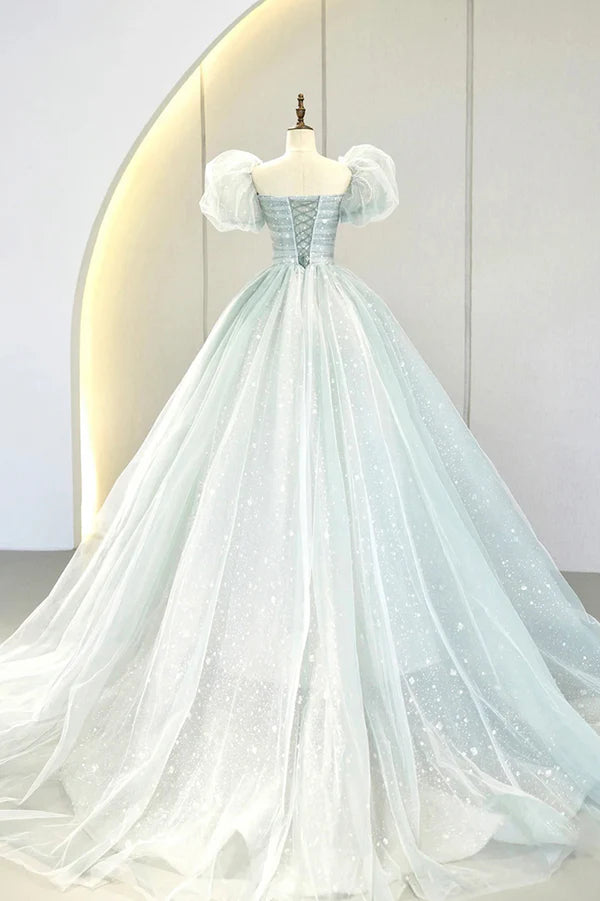 Blue Tulle Long A-Line Prom Dress with Sequins Lovely Puff Sleeve Evening Gown