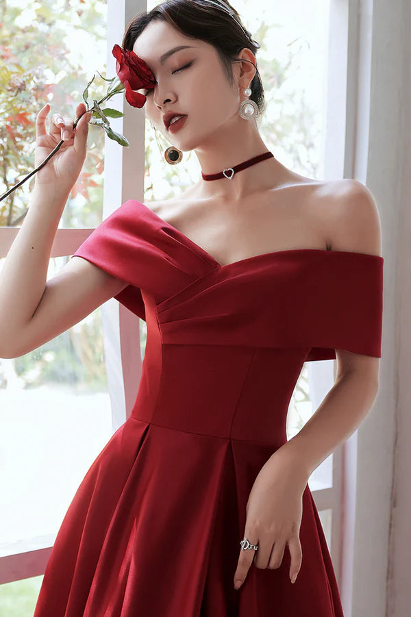 Burgundy Satin Long A-Line Prom Dress Simple V-Neck Evening Dress