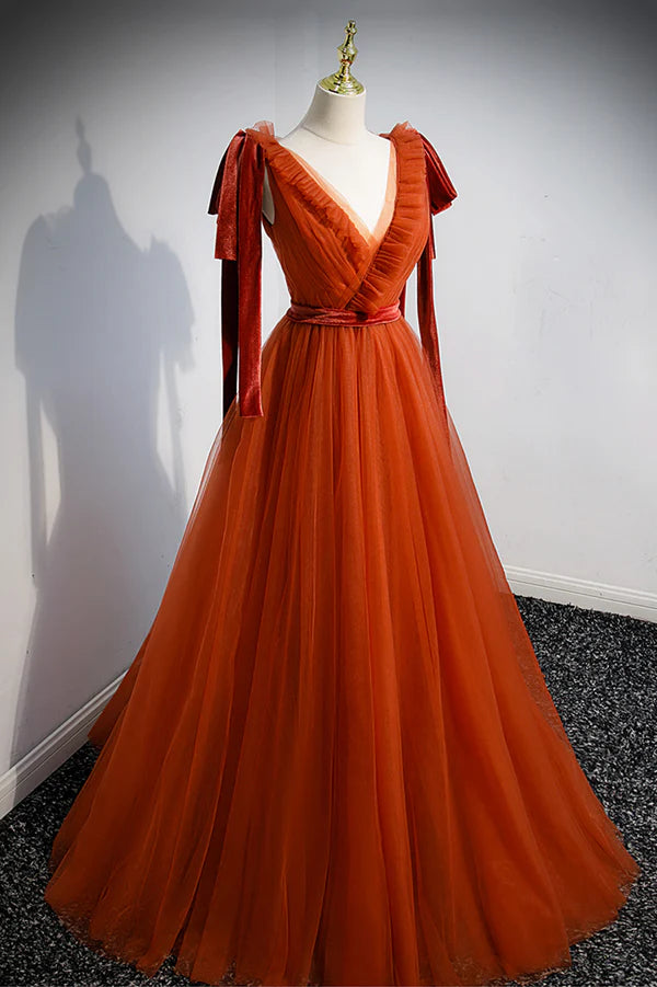 A-Line Tulle Long Prom Dress Orange V-Neck Long Simple Evening Dress