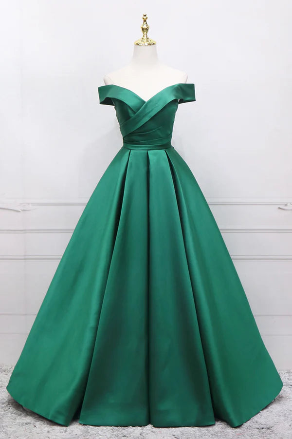 Green Satin Long A-Line Prom Dress V-Neck Off the Shoulder Evening Dress