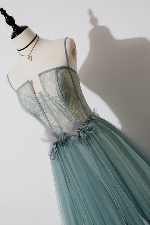 Green Tulle Lace Long A-Line Prom Dress Spaghetti Strap Evening Dress