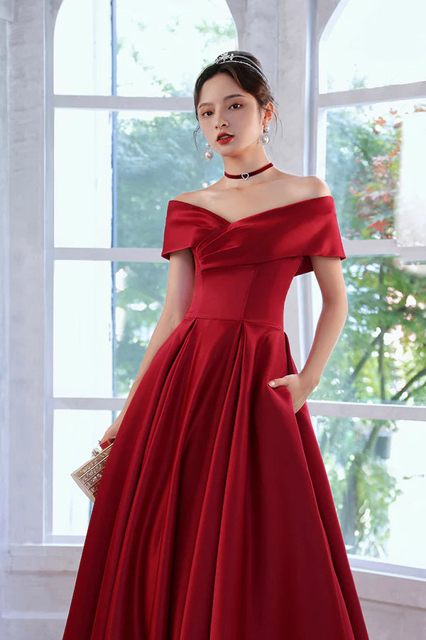 Burgundy Satin Long A-Line Prom Dress Simple V-Neck Evening Dress