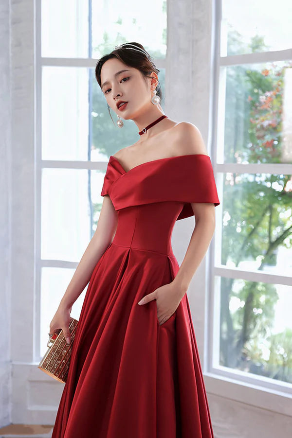 Burgundy Satin Long A-Line Prom Dress Simple V-Neck Evening Dress