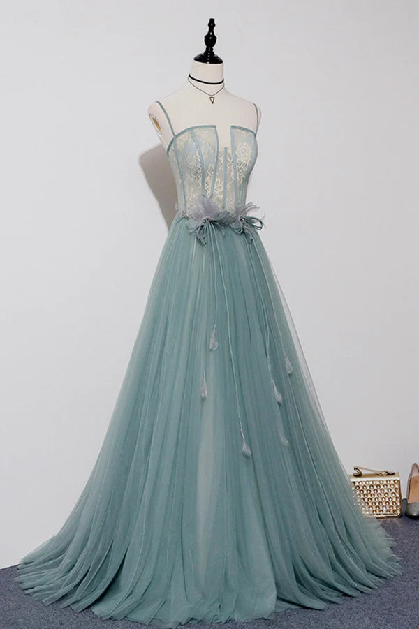 Green Tulle Lace Long A-Line Prom Dress Spaghetti Strap Evening Dress