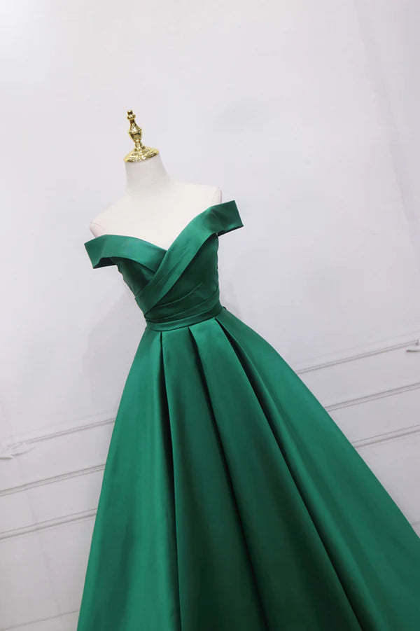 Green Satin Long A-Line Prom Dress V-Neck Off the Shoulder Evening Dress