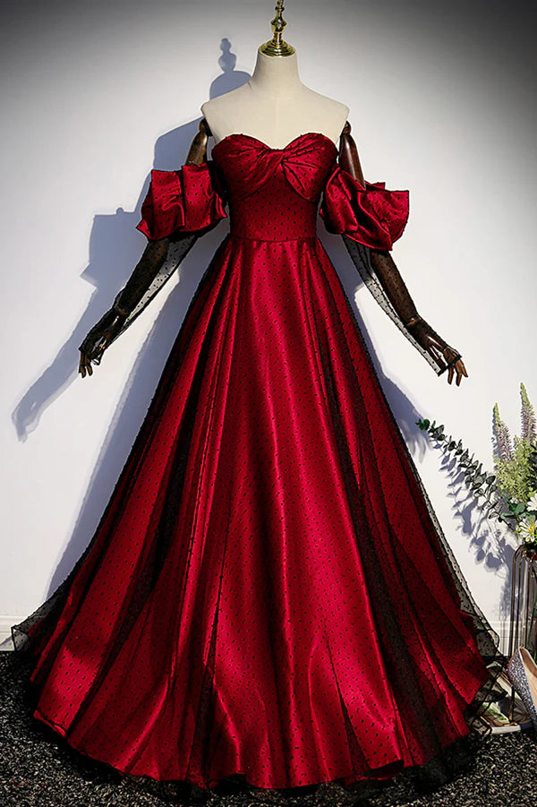 Burgundy Satin Tulle Long Prom Dress Off the Shoulder Formal Evening Dress