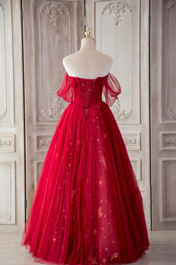 The Red Strapless Tulle Long A-Line Prom Dress