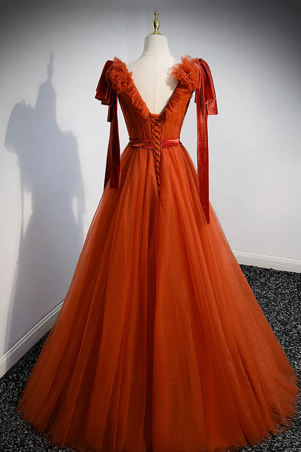 A-Line Tulle Long Prom Dress Orange V-Neck Long Simple Evening Dress