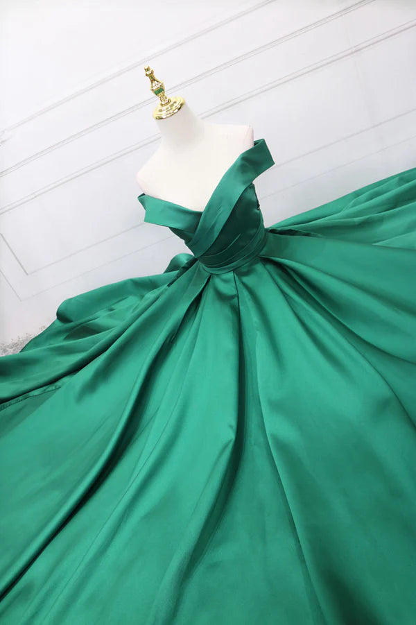 Green Satin Long A-Line Prom Dress V-Neck Off the Shoulder Evening Dress