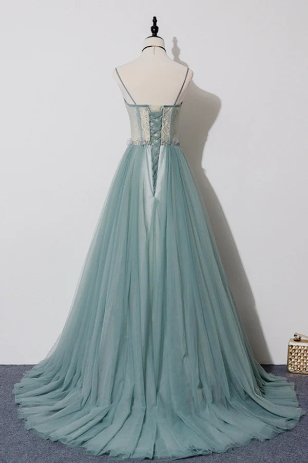Green Tulle Lace Long A-Line Prom Dress Spaghetti Strap Evening Dress