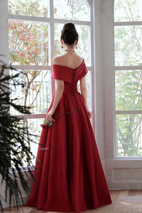 Burgundy Satin Long A-Line Prom Dress Simple V-Neck Evening Dress