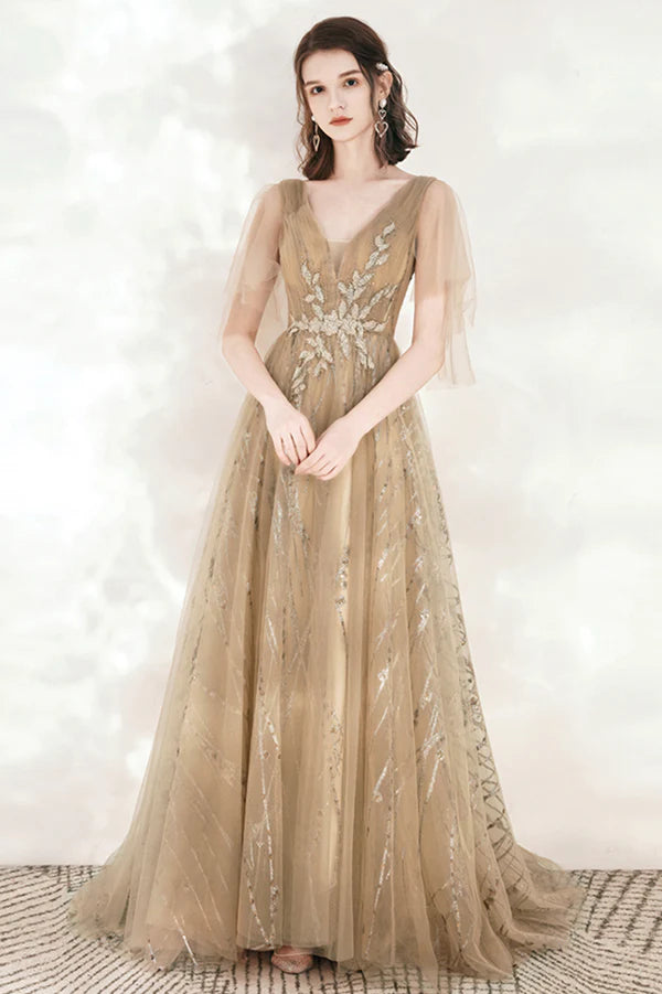 Champagne V-Neck Tulle Sequins Long Prom Dress A-Line Party Dress