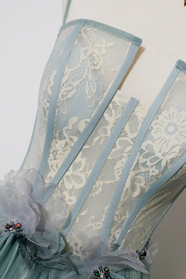 Green Tulle Lace Long A-Line Prom Dress Spaghetti Strap Evening Dress