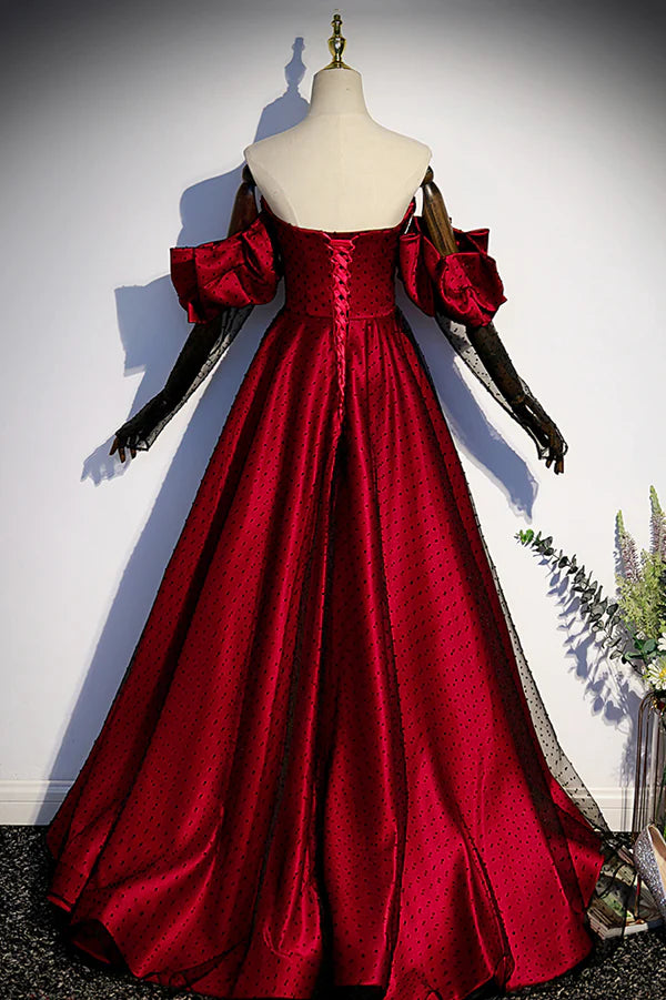 Burgundy Satin Tulle Long Prom Dress Off the Shoulder Formal Evening Dress